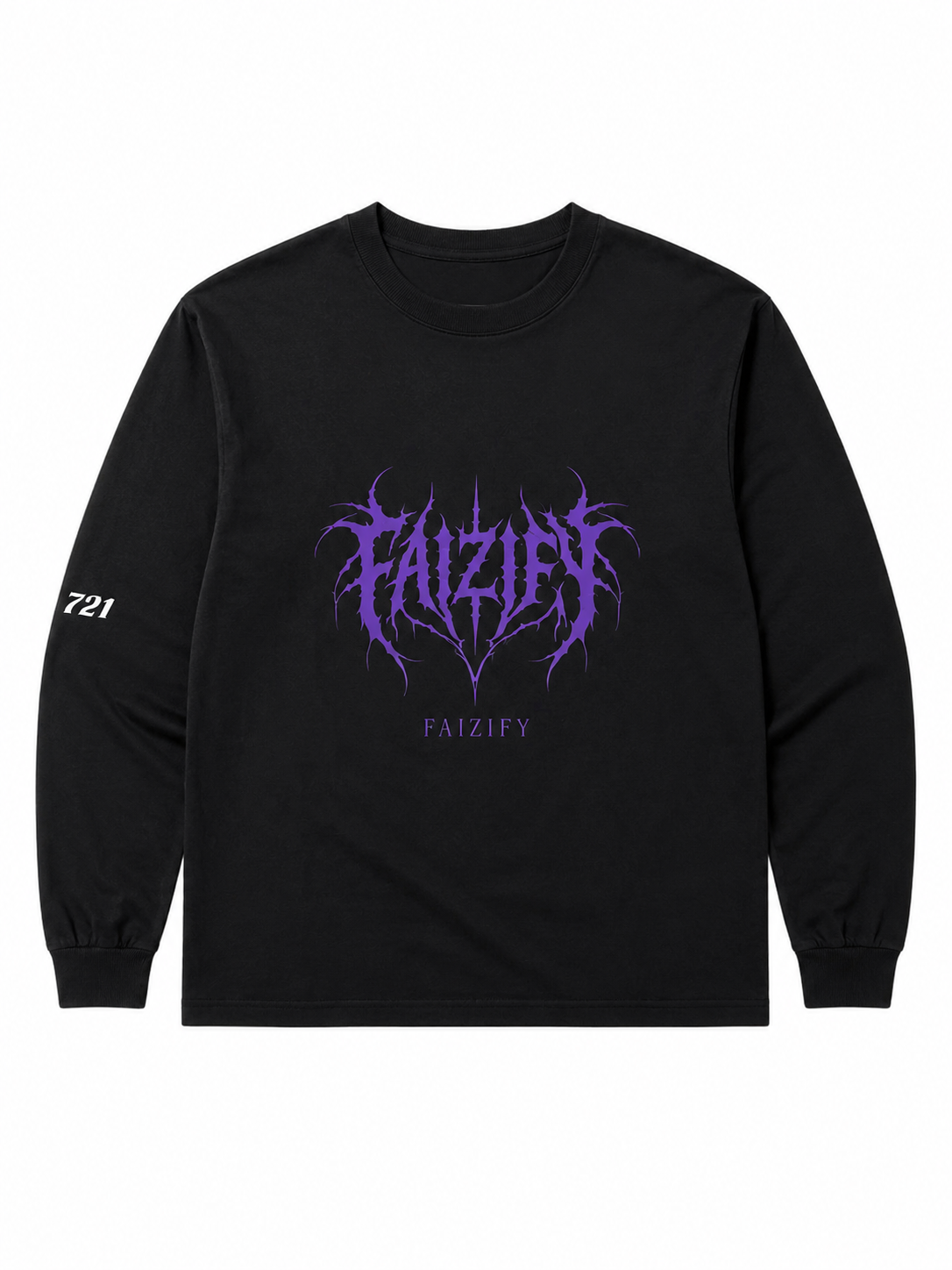 Faizify Black Long Sleeve T-Shirt with Purple Gothic Logo Print