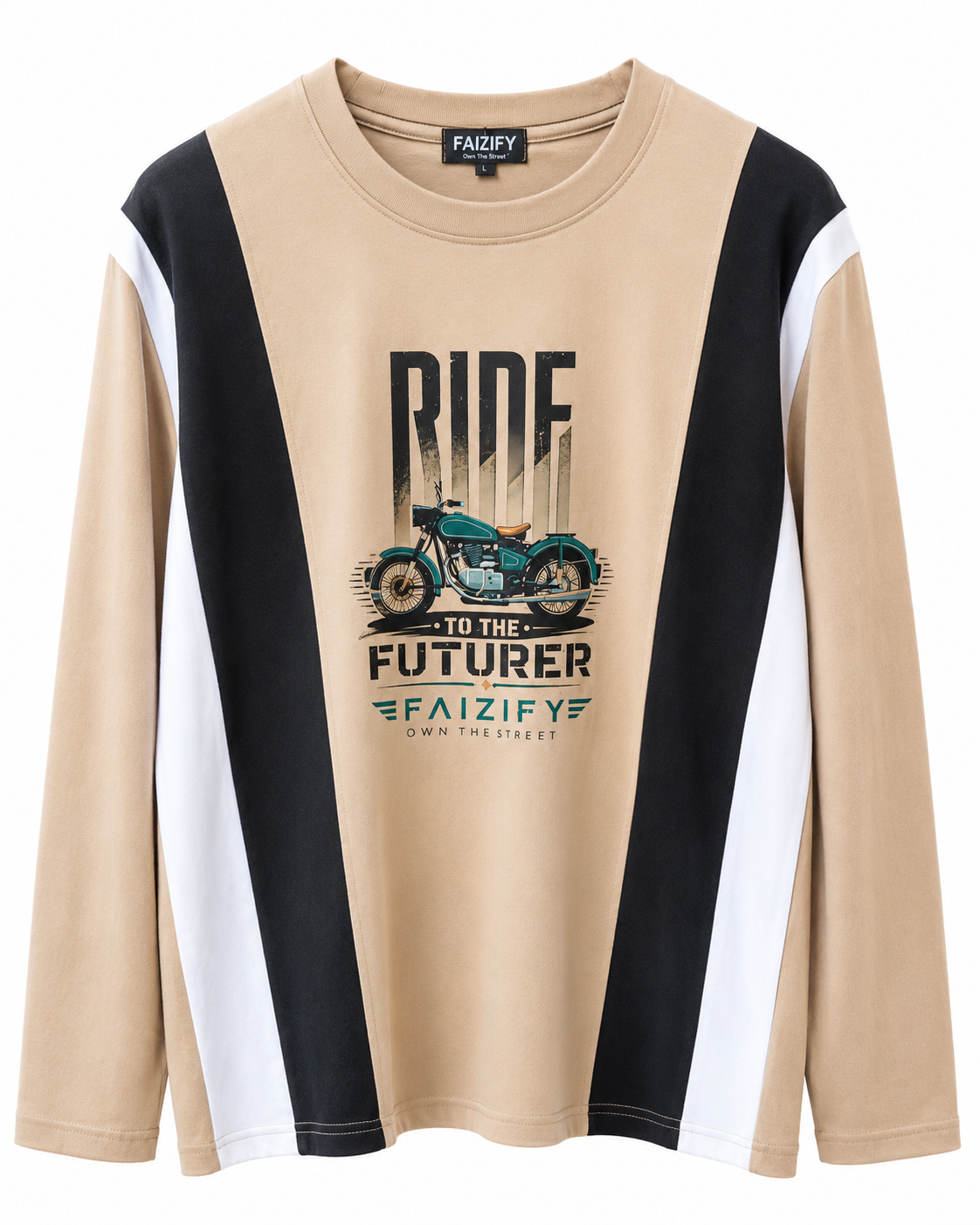 Faizify Men's Graphic Printed Full Sleeve T-Shirt, Beige