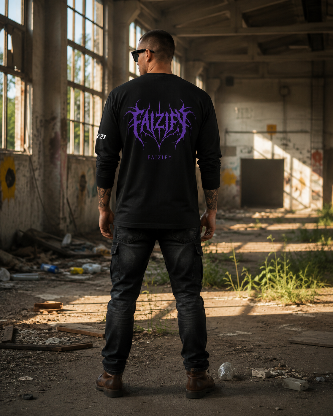 Faizify Black Long Sleeve T-Shirt with Purple Gothic Logo Print